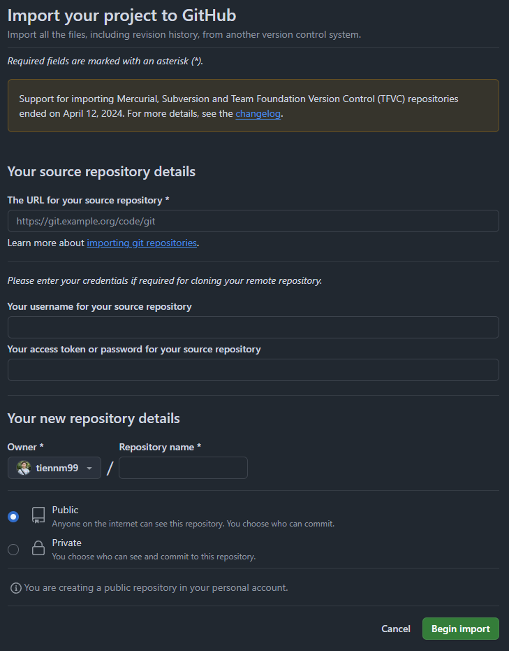 Màn hình import repository của GitHub