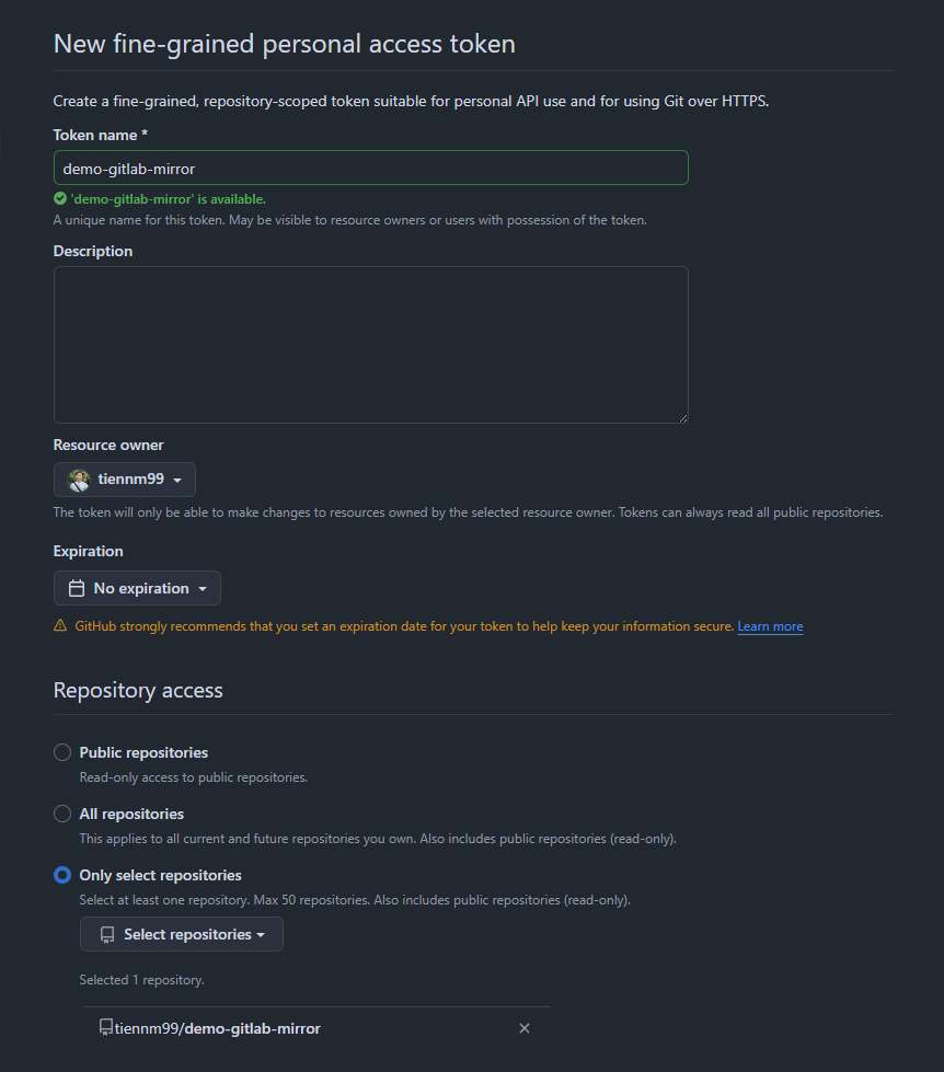 Tạo fine-grained token trên GitHub