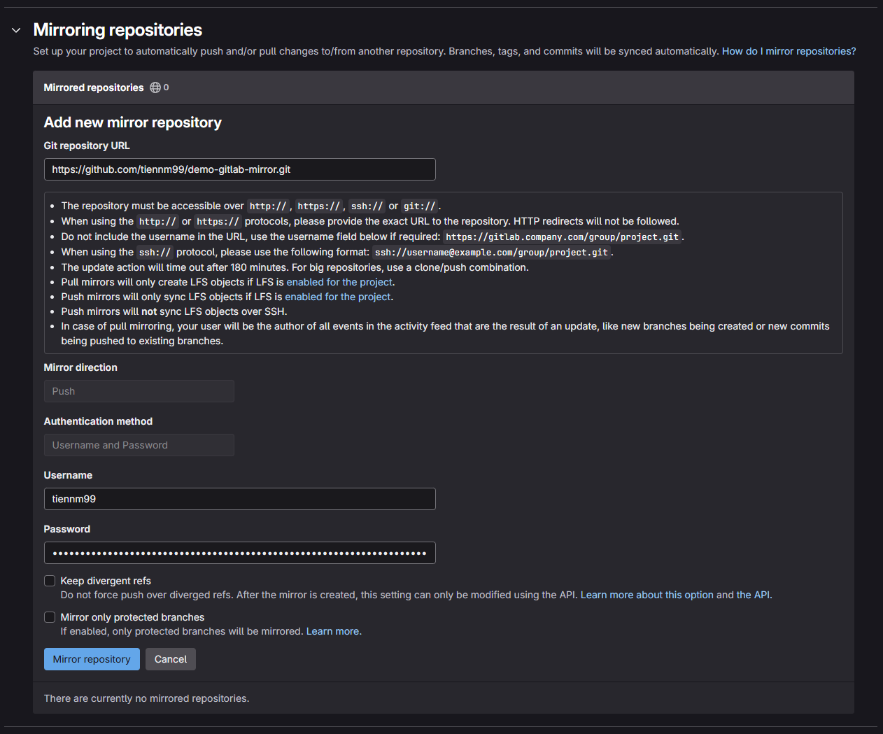 Form Mirroring repositories trên GitLab